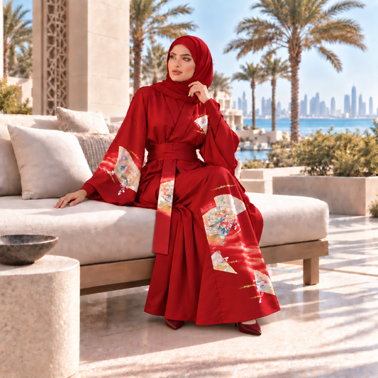 Kimono Abaya — Crimson Sensu & Peony | Wrap Abaya