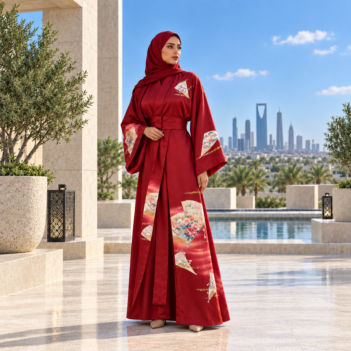 Kimono Abaya — Crimson Sensu & Peony | Wrap Abaya
