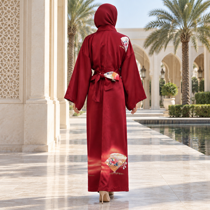 Kimono Abaya — Crimson Sensu & Peony | Wrap Abaya