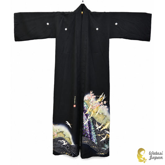 Kimono Abaya — Black Crane, Sakura & Maple | Open Abaya & Sash