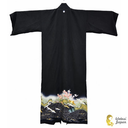 Kimono Abaya — Black Crane, Sakura & Maple | Open Abaya & Sash