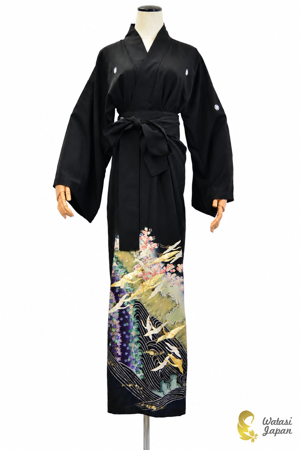 Kimono Abaya — Black Crane, Sakura & Maple | Open Abaya & Sash