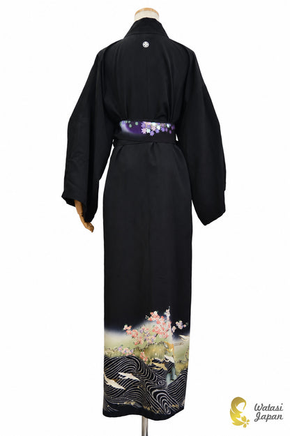 Kimono Abaya — Black Crane, Sakura & Maple | Open Abaya & Sash