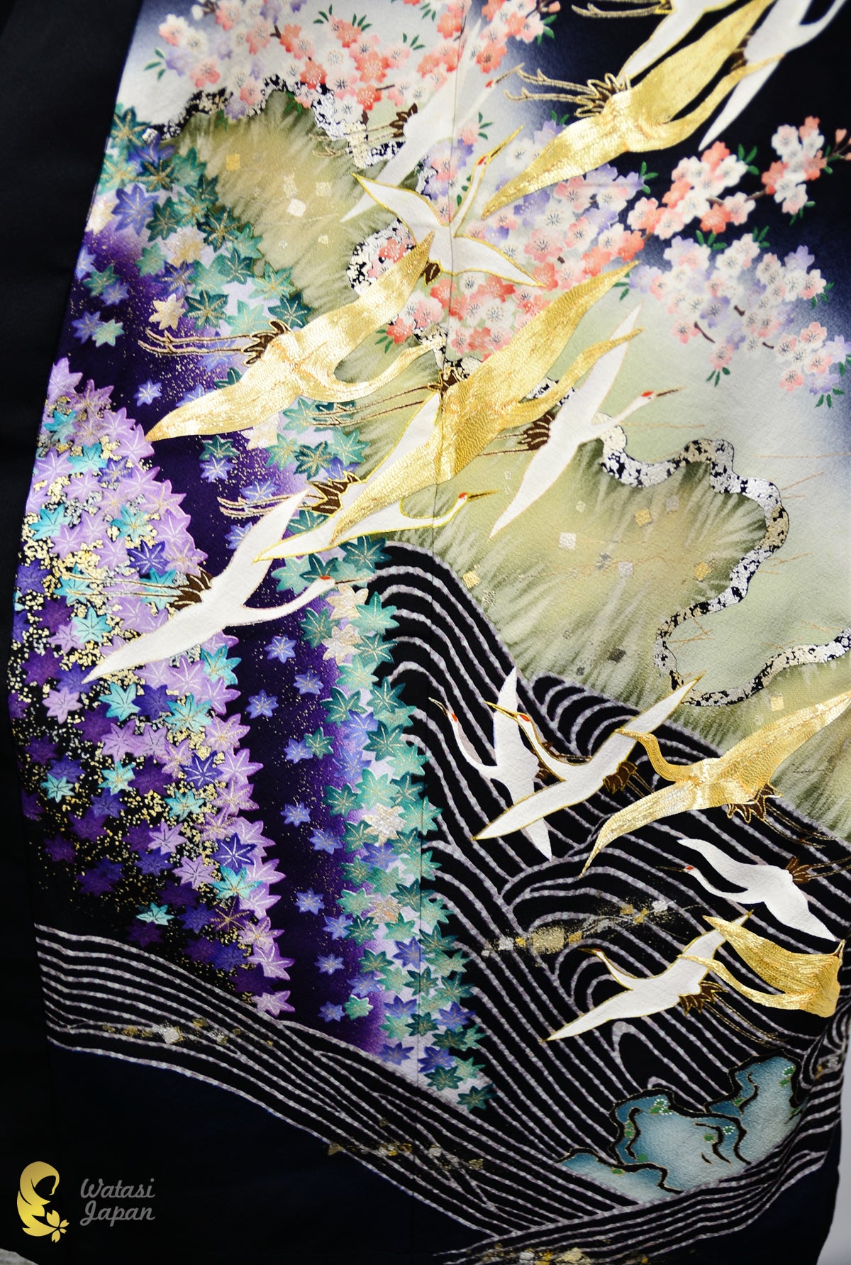 Kimono Abaya — Black Crane, Sakura & Maple | Open Abaya & Sash
