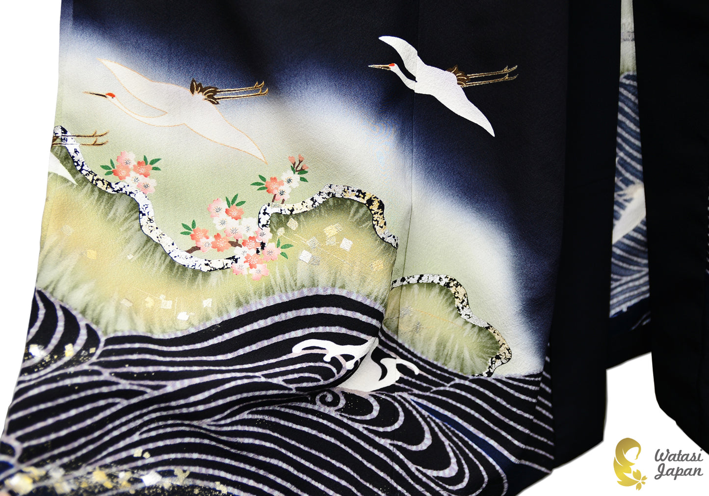 Kimono Abaya — Black Crane, Sakura & Maple | Open Abaya & Sash