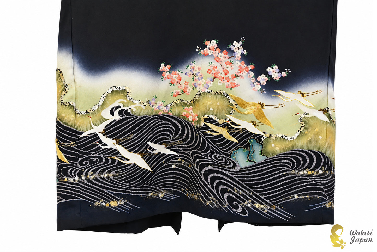 Kimono Abaya — Black Crane, Sakura & Maple | Open Abaya & Sash