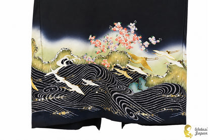 Kimono Abaya — Black Crane, Sakura & Maple | Open Abaya & Sash
