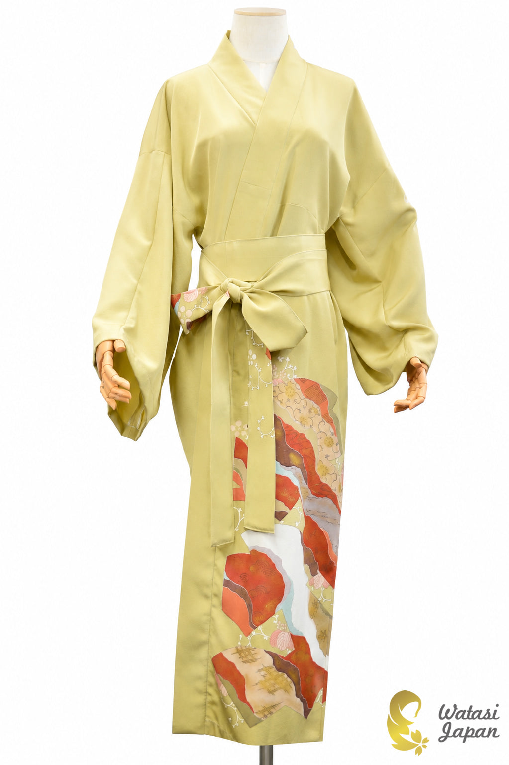 Kimono Abaya — Sage Yellow Abstract Patchwork | Open Abaya & Sash