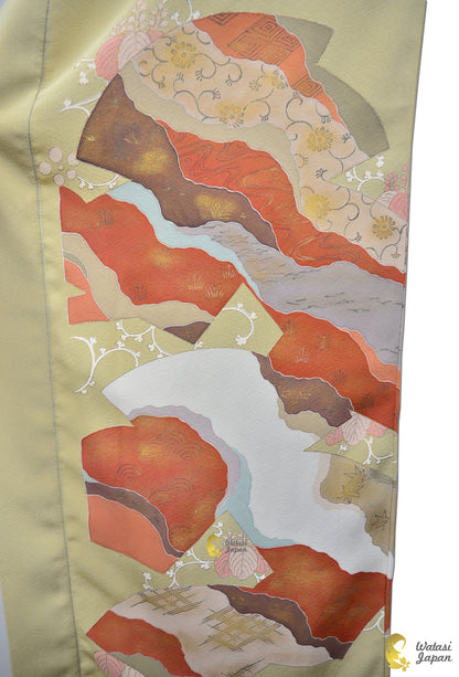Kimono Abaya — Sage Yellow Abstract Patchwork | Open Abaya & Sash