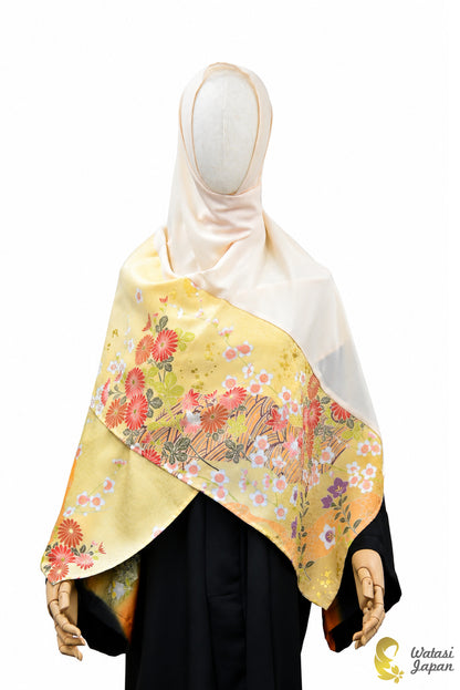 Shawl: Kimono Hijab — Pastel Yellow Kiku & Floral / Kimono Jewel