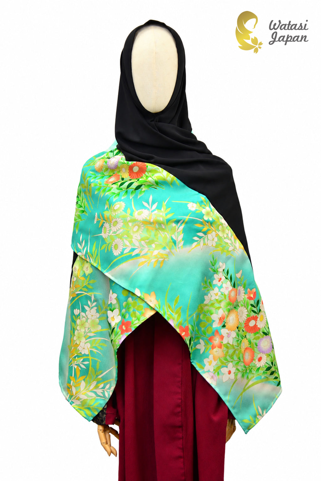 Shawl: Kimono Hijab — Turquoise Kiku Garden / Kimono Jewel