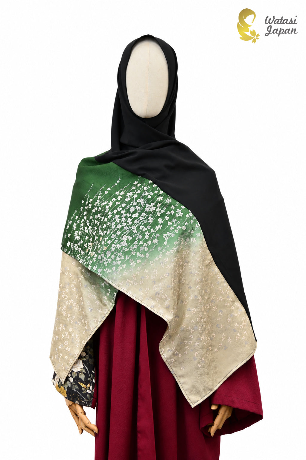 Shawl: Kimono Hijab — Forest Green Ume Blossom / Kimono Jewel