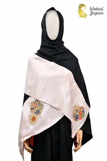 Shawl: Kimono Hijab — Blush Pink Temari & Kinchaku / Kimono Jewel