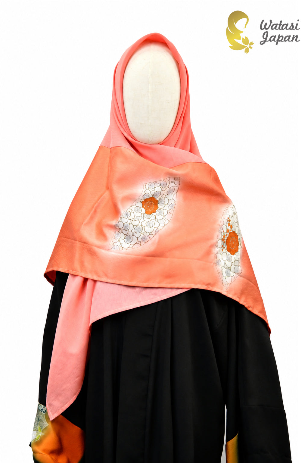 Square: Kimono Hijab — Coral Orange Sensu & Tsubaki / Kimono Jewel