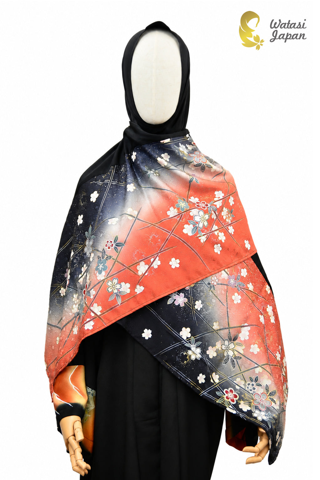 Shawl: Kimono Hijab — Vermilion & Black Ume / Kimono Jewel