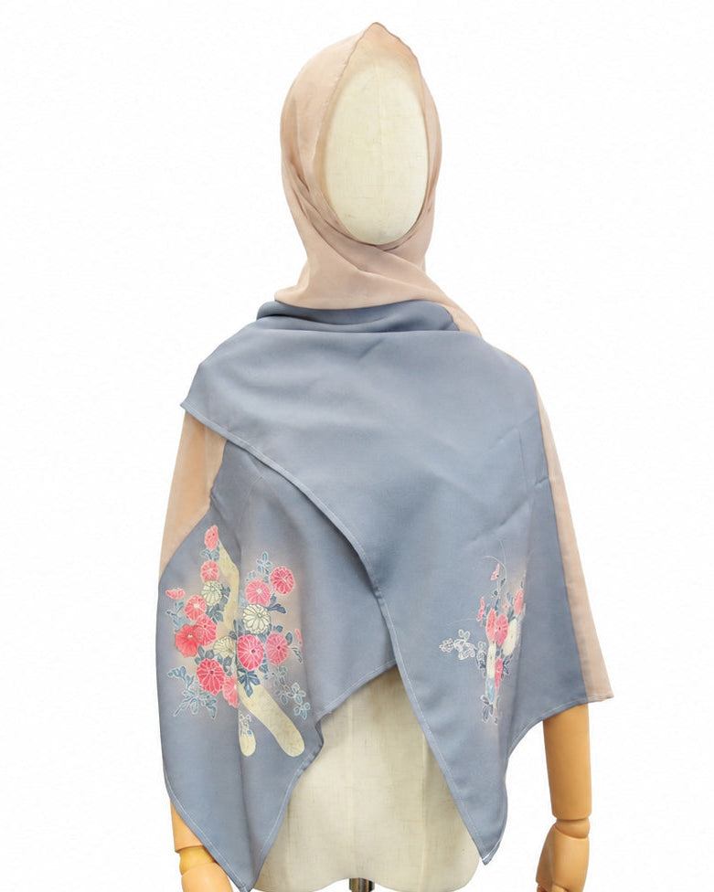 Shawl: Kimono Hijab — Ash Blue Chrysanthemum / Kimono Jewel